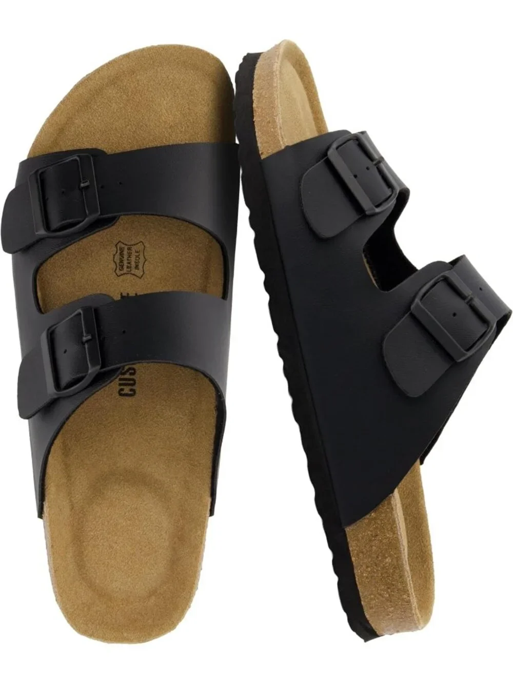 Men's Black Nappa Lane Cork Footbed Sandals Adjustable Buckle Comfort Slides
